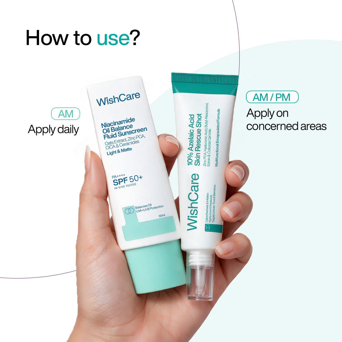 How to use WishCare 10% azelaic acid serum for acne. Apply WishCare acne serum for acne on cheek after cleansing, before moisturiser for oily skin & sunscreen for oily skin