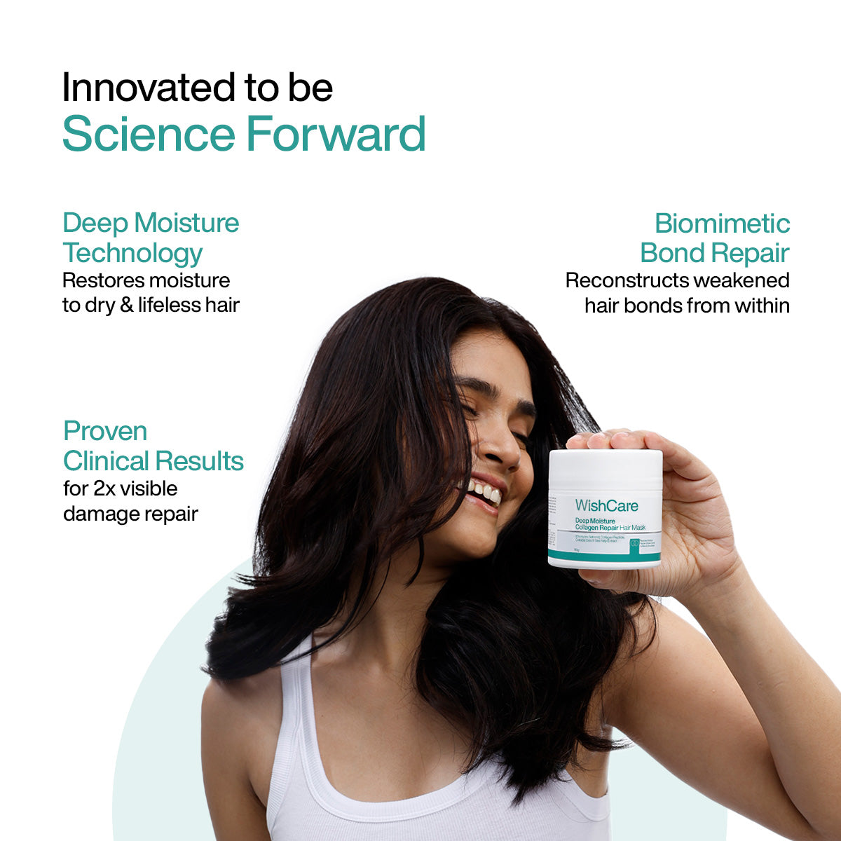 Woman with smooth hair holding WishCare Deep Moisture Collagen Repair Hair Mask for dry frizzy hair. WishCare Collagen Clinically tested Hair mask helps in damaged hair bond repair & locks moisture