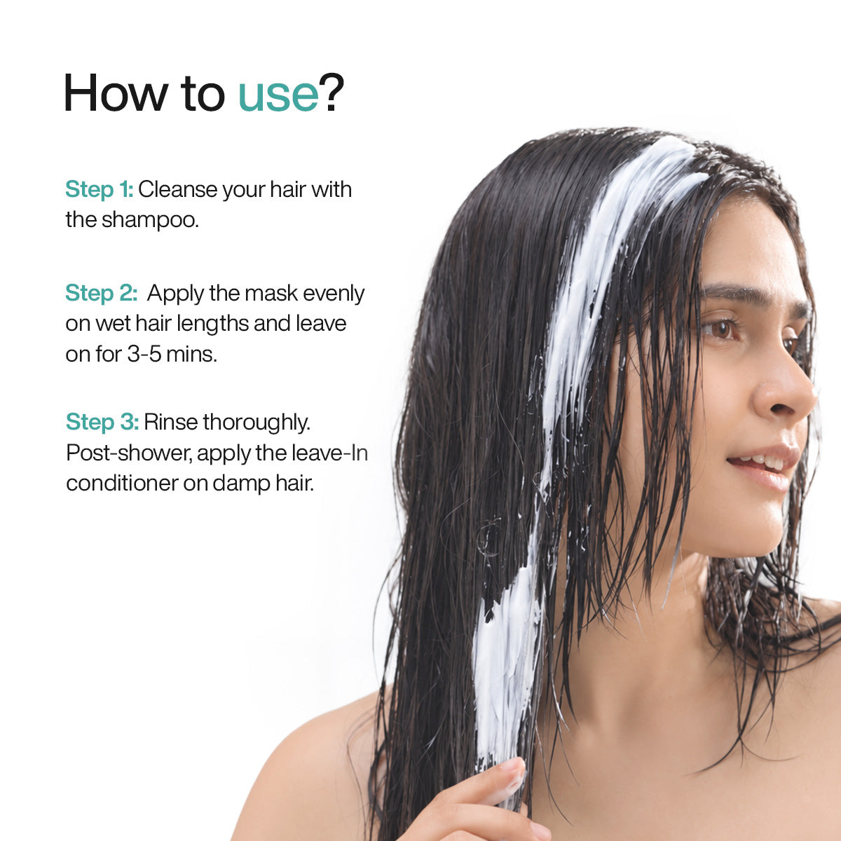 How to use WishCare hair mask for dry hair - apply on wet hair lengths for 3-5 mins, then rinse