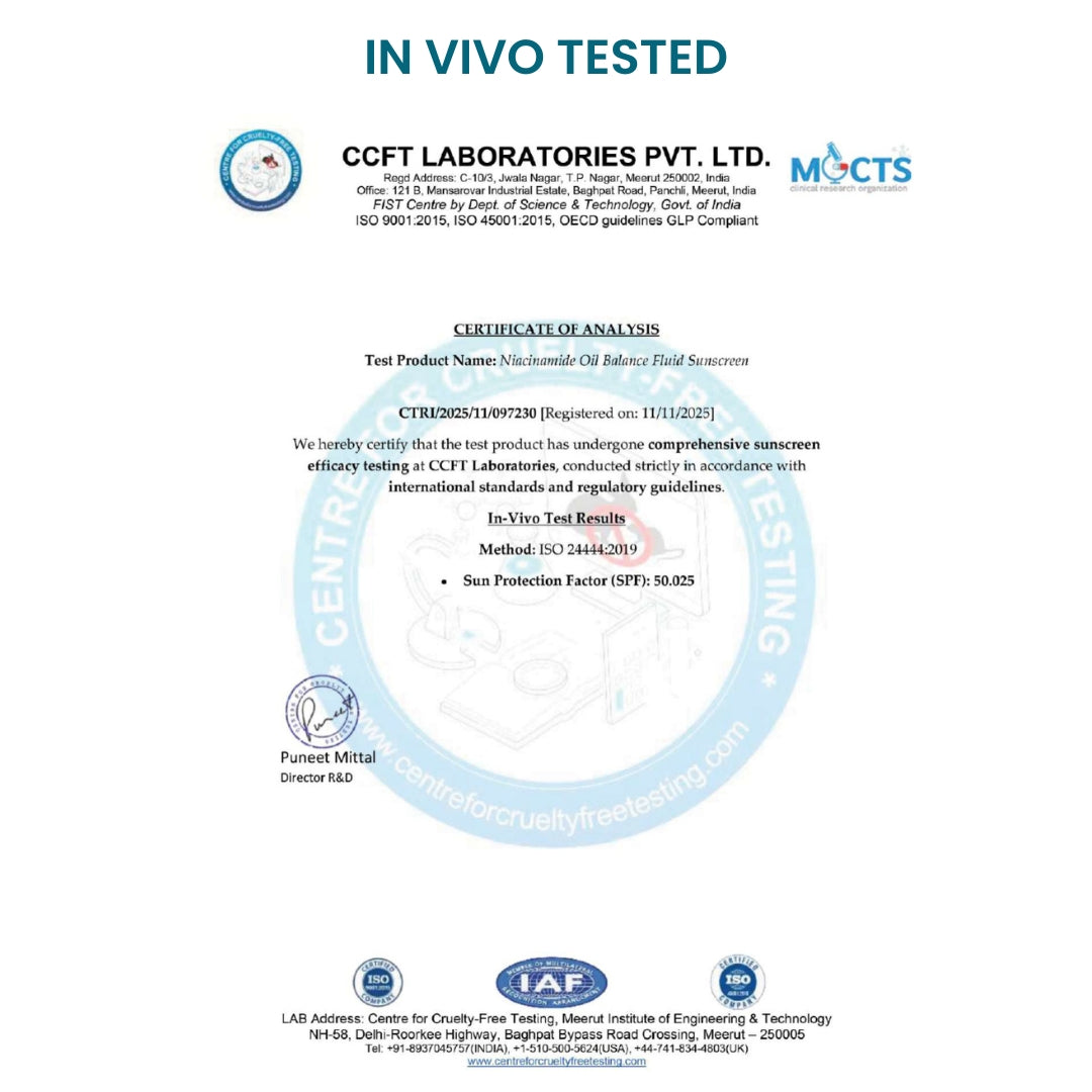 in vivo test certificate for niacinamide fluid oil balance sunscreen