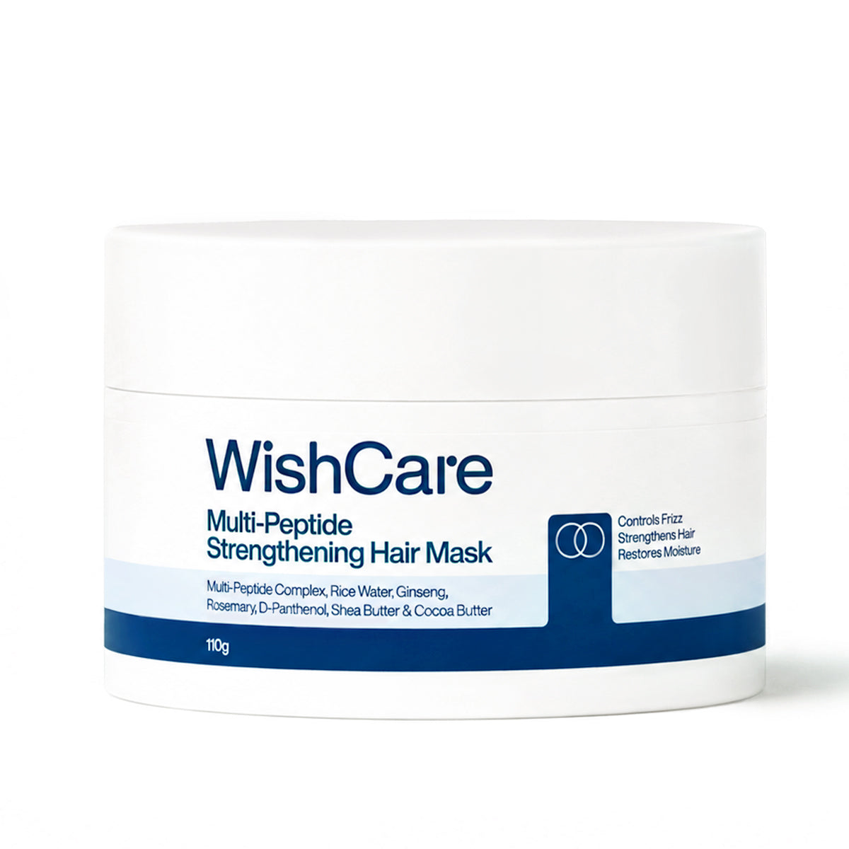 WishCare Multi-Peptide Strengthening Hair Mask in a white jar with navy blue label: key ingredients: Multi-Peptide Complex, Rice Water, Ginseng, Rosemary, D-Panthenol, Shea Butter and Cocoa Butter controls frizz, reduces breakage, strengthens hair, restores moisture