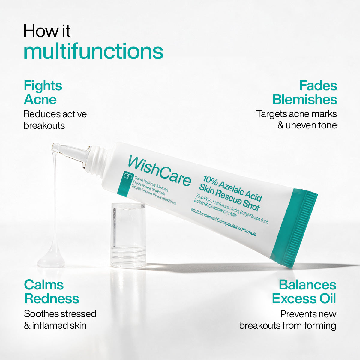 WishCare azelaic acid 10% serum benefits fights acne, fades blemishes and pimple marks, calms redness, balances excess oil