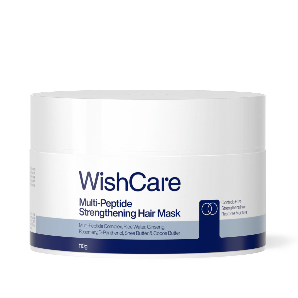 WishCare Multi-Peptide Strengthening Hair Mask in a white jar with navy blue label: key ingredients: Multi-Peptide Complex, Rice Water, Ginseng, Rosemary, D-Panthenol, Shea Butter and Cocoa Butter controls frizz, reduces breakage, strengthens hair, restores moisture. 