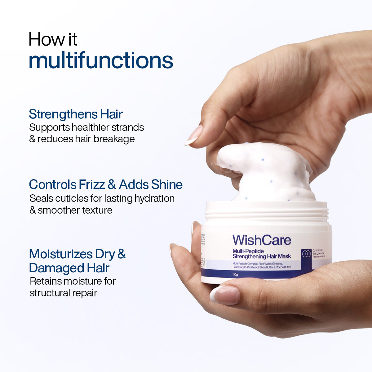 WishCare Multi-Peptide Strengthening Hair Mask jar open showing creamy white texture advanced strengthening system that improves hair elasticity and reduces breakage.