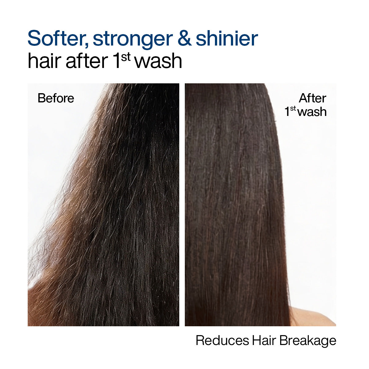 WishCare Multi-Peptide Strengthening Hair Mask before and after results, hair visibly softer, stronger and shinier after just 1st wash.