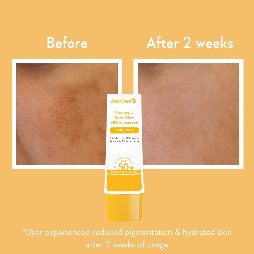 picture describing before and after image effects of using skin brightening sunscreen