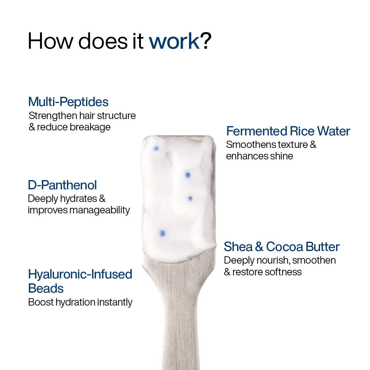 WishCare Multi-Peptide Strengthening Hair Mask key ingredients focuising on Multi-Peptides, Fermented Rice Water, D-Panthenol, Shea and Cocoa Butter and hyaluronic acid. 