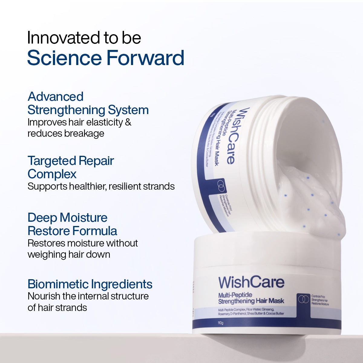 WishCare Multi-Peptide Strengthening Hair Mask multifunction benefits, strengthens hair and reduces breakage for healthier strands, controls frizz and adds shine by sealing cuticles for lasting hydration and smoother texture