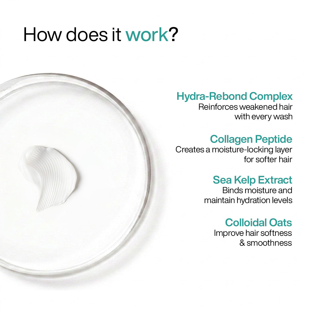 WishCare Collagen Leave in hair conditioner for dry hair ingredients - Hydra-Rebond, collagen peptide, sea kelp, colloidal oats, aquaporin