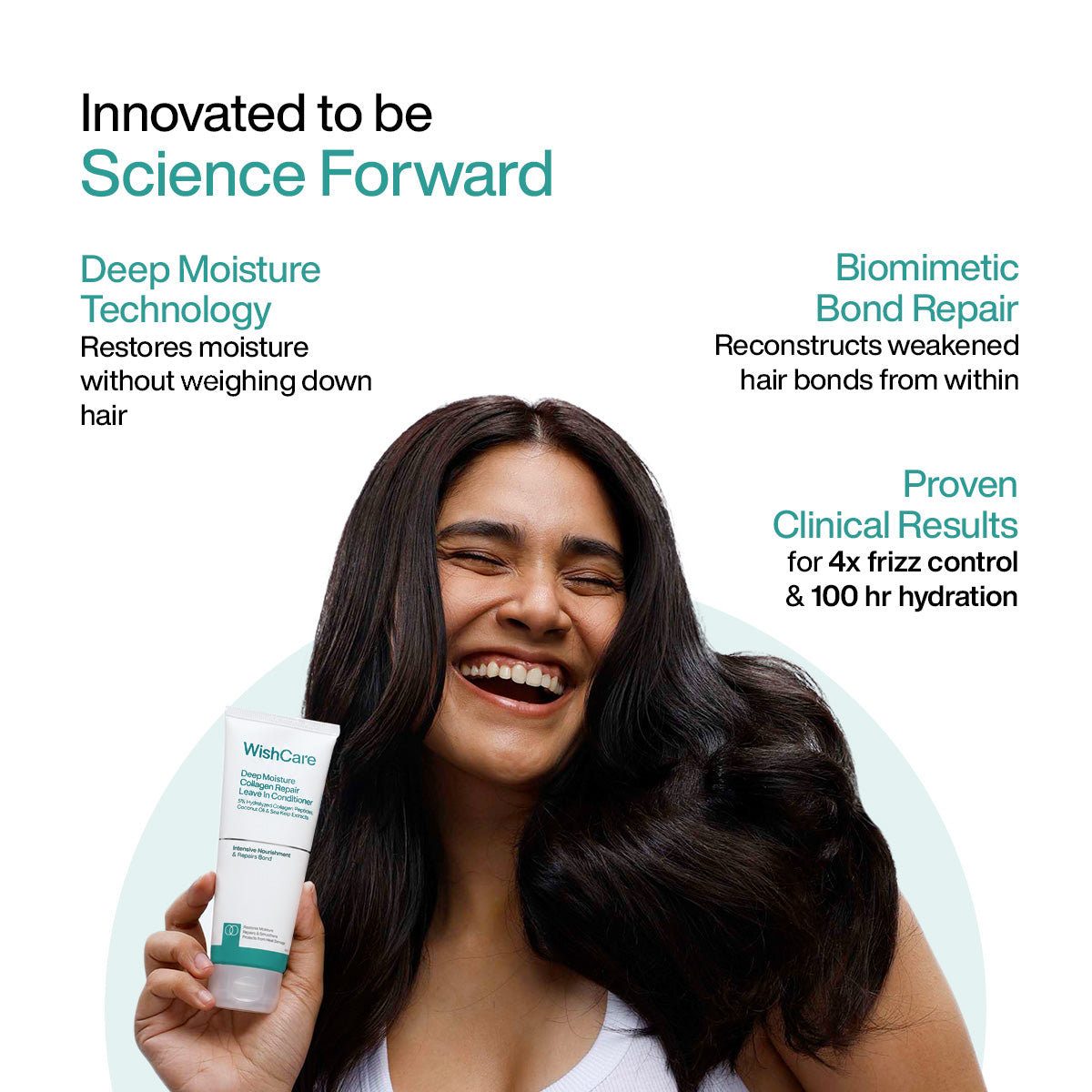 Woman holding WishCare collagen leave in conditioner for frizzy hair with 4x frizz control & deep conditioning leave in conditioner for dry hair