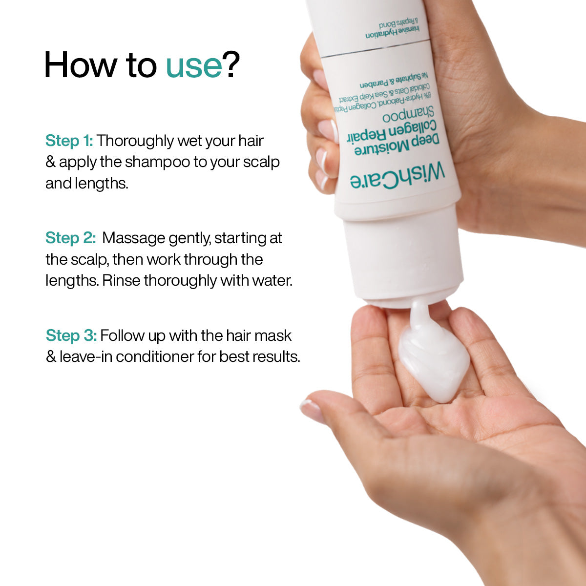 How to use WishCare shampoo for dry hair - apply to wet scalp and lengths, massage gently, rinse the shampoo for frizzy hair