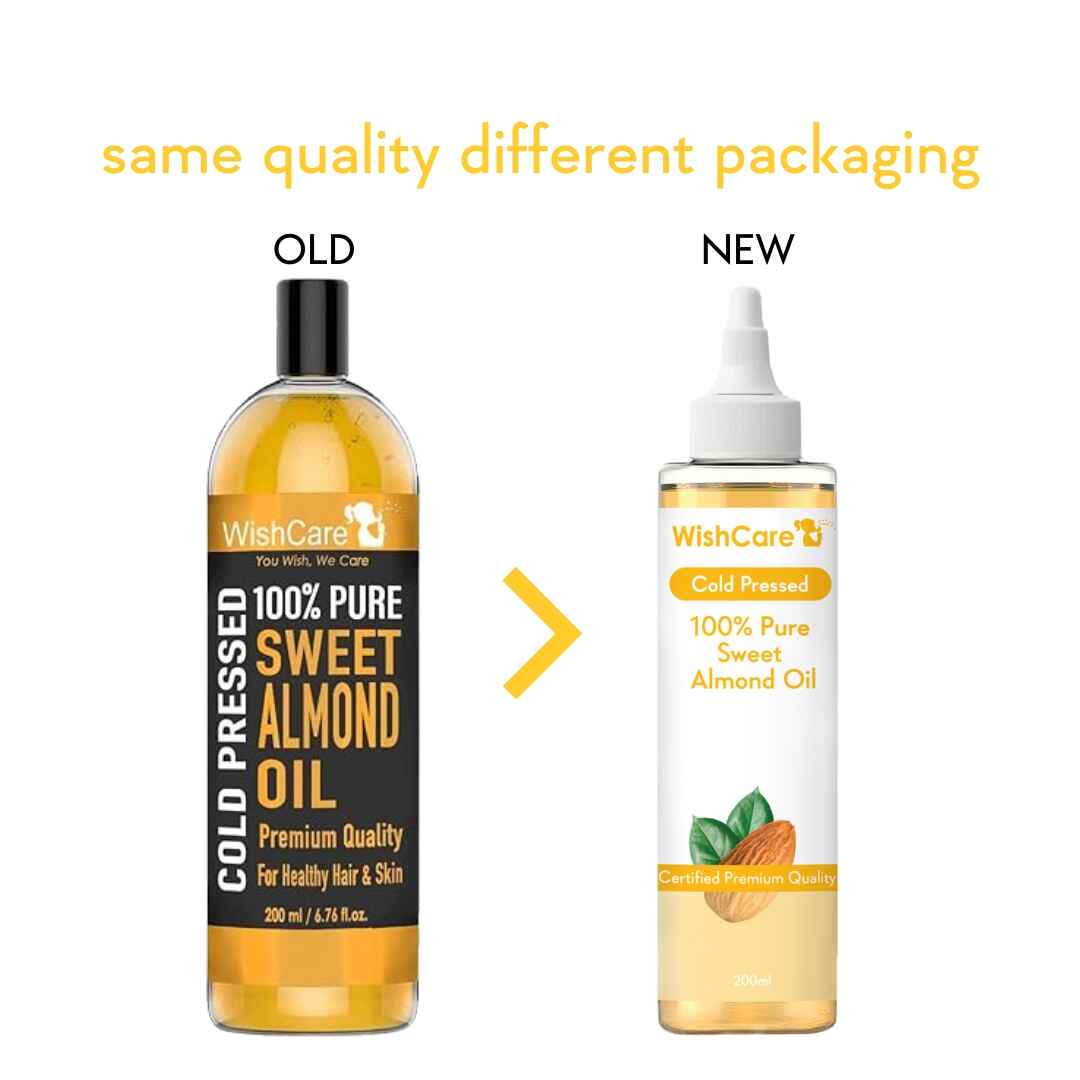 old and new packaging image of sweet almond oil for skin