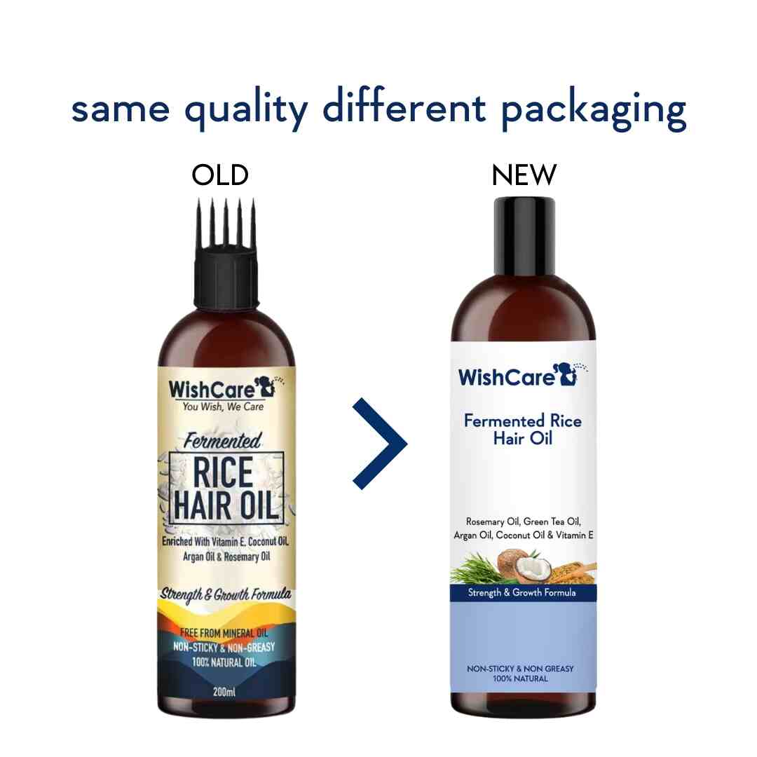 old and new packaging image of fermented rice hair oil