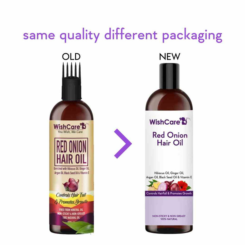 old and new packaging image of onion hair oil for hair growth