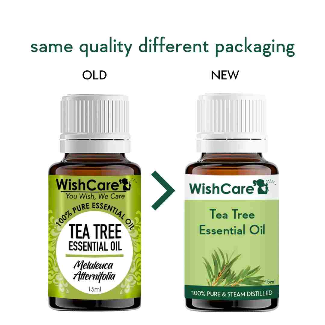 old and new packaging image of tea tree essential oil