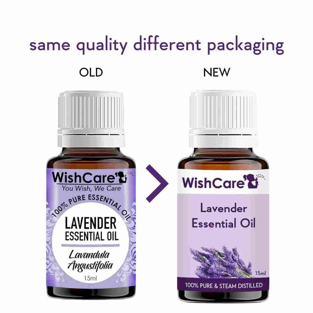 old and new packaging image of pure lavendar essential oil