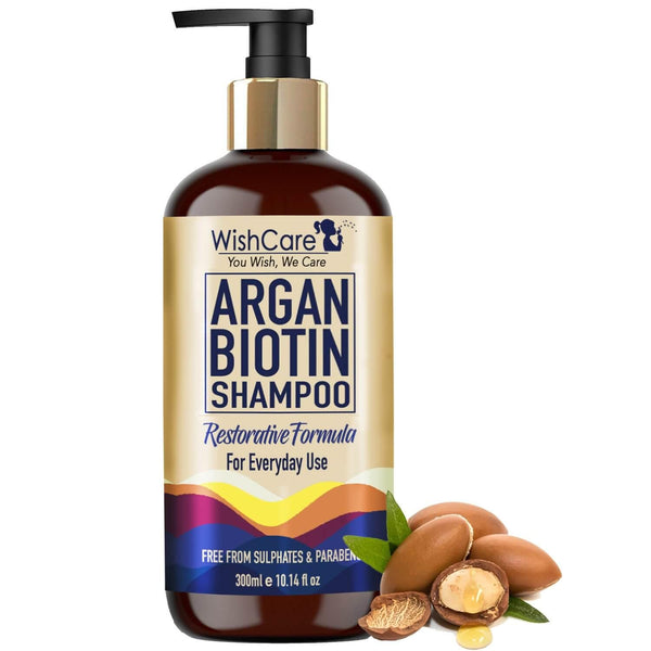 Argan Biotin Shampoo - Restorative & Volumizing Formula - For All Hair Types- 300ml - WishCare - argan-biotin-shampoo - __tab1:how-to-shampoo, __tab2:complete-ingredient-list-argan-oil-biotin