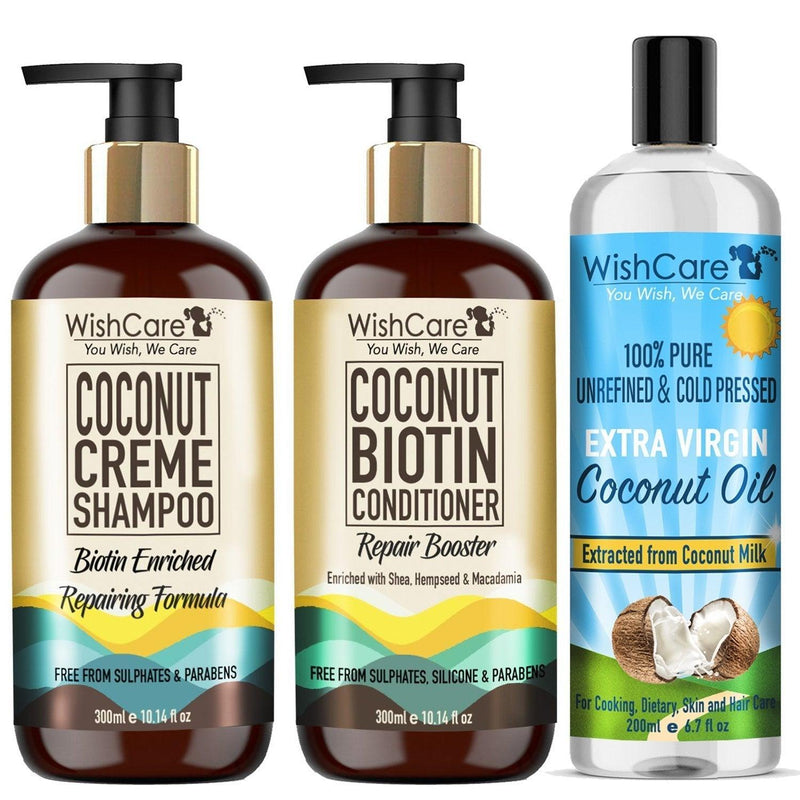 Coconut Biotin Hair Combo - Repairing Formula - For All Hair Types - WishCare - wishcare-coconut-biotin-hair-kit-repairing-formula-for-all-hair-types-300ml - __tab1:how-to-shampoo, __tab2:faq