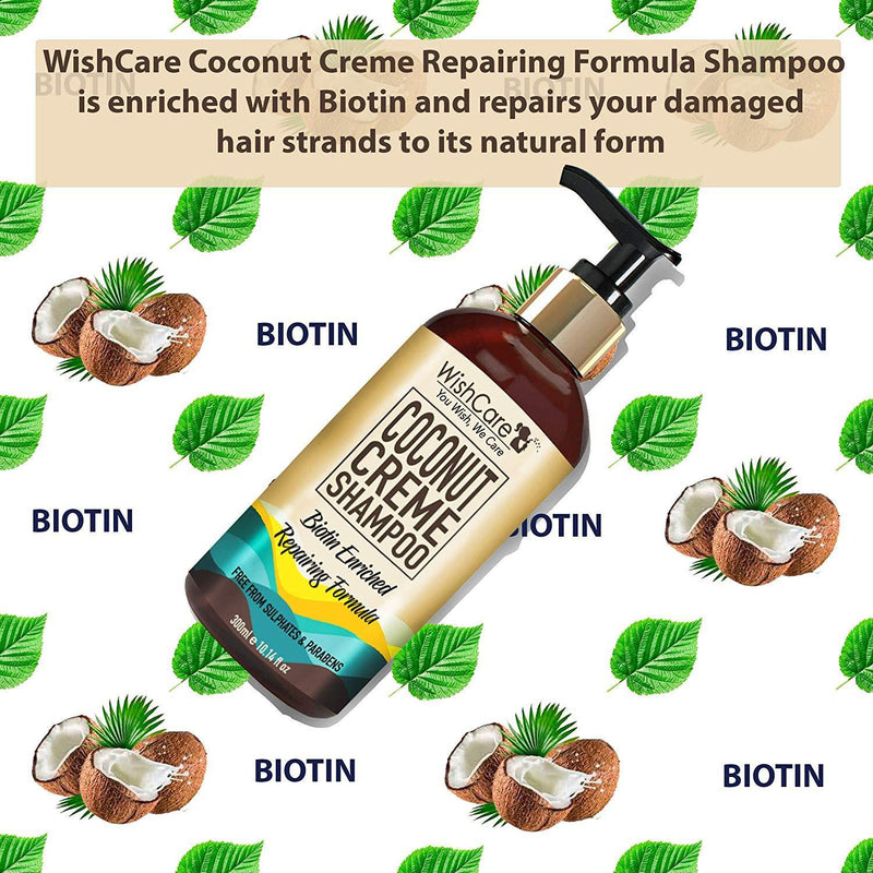 Coconut Biotin Shampoo - Repairing Formula - For All Hair Types -300ml - WishCare - coconut-creme-shampoo-biotin - __tab1:how-to-shampoo, __tab2:complete-ingredient-list-coconut-creme-shampoo