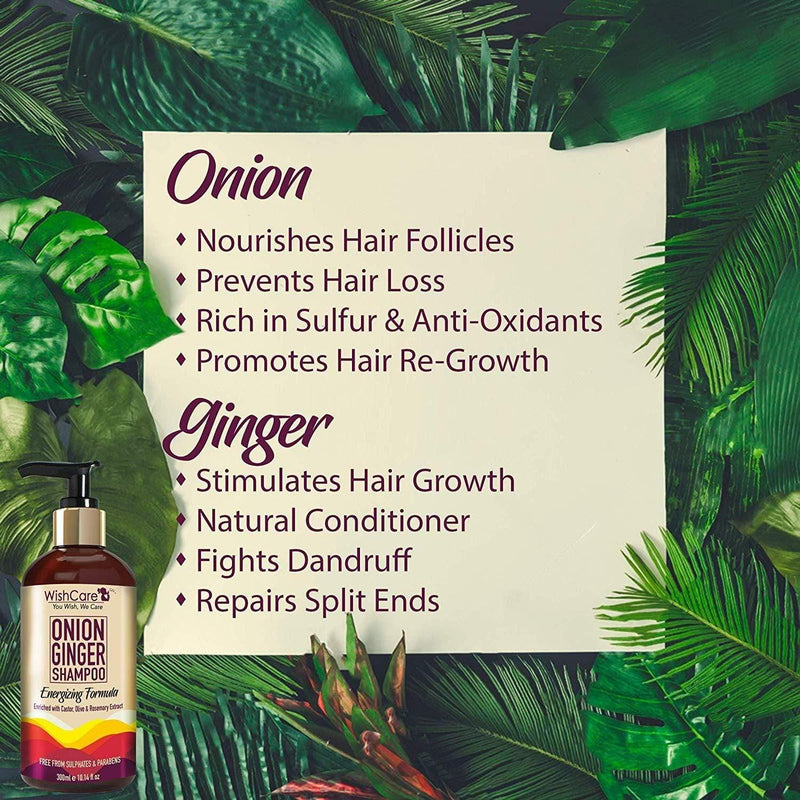 Onion Ginger Shampoo - Strengthening Formula - For All Hair Types - 300 ml - WishCare - onion-ginger-shampoo - __infotab1:onion-hair-shampoo, __infotab2:best-onion-shampoo, __tab1:how-to-sham